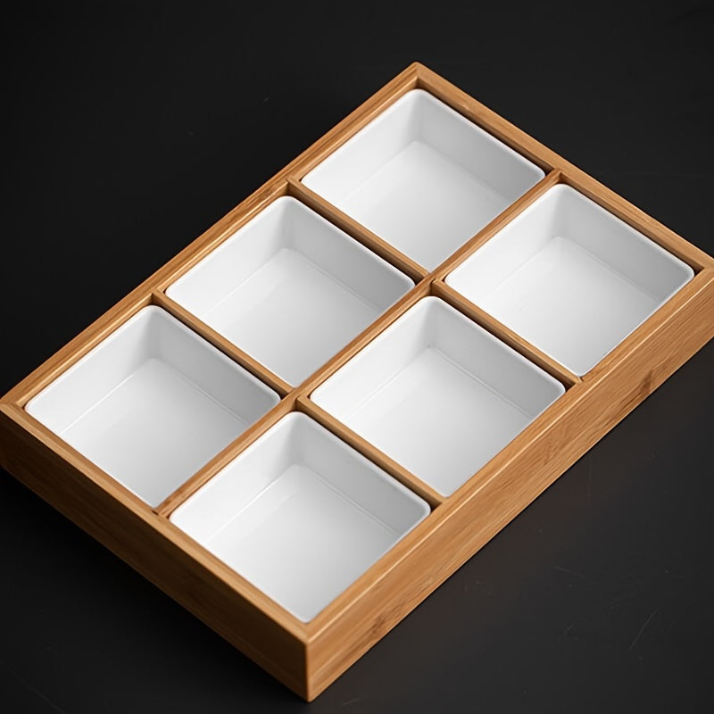 1pc Bamboo Divided Tray With Dish, Hotel Hot Pot Restaurant Cutlery, Divided Grill Tray For Sauces Around The Stove, Boiled Tea Dried Fruit Plate, For Home Restaurant Hot Pot Shop, Table Decors, Serveware Accessories Chef's Market