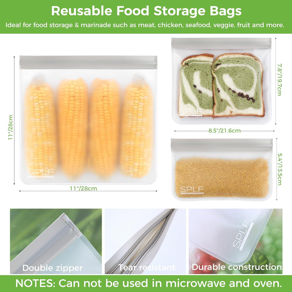 12 Pack Dishwasher Safe Reusable Storage Bags(5 Reusable Sandwich 5 Snack 2 Gallon), Extra Thick Freezer Bags Leakproof Silicone and Plastic Free Food Lunch Bag
