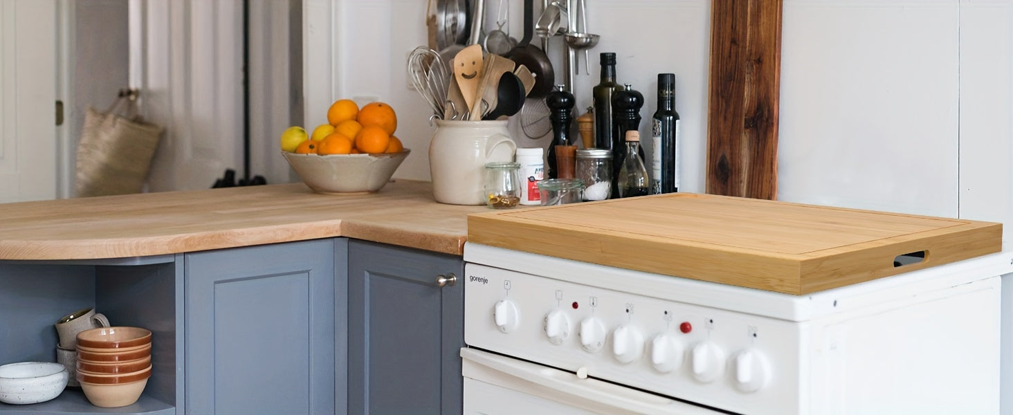 1pc Bamboo Stove Top Cover - Large Cutting Surface with Convenient Handles, Versatile Noodle Board, and Built-in Juice Grooves - Perfect for Electric Stoves, RV Cookware, Kitchen Gadget for Restaurants, Food Trucks, and Home Chef's Market