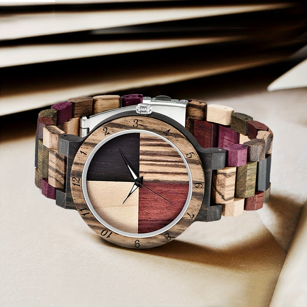 Unique Handcrafted Wooden Watch - Round Analog Quartz Timepiece with Colorful Bamboo Wood Dial and Wooden Strap for Casual Men - Non-Waterproof, Electronic Movement, Pointer Display Chef's Market