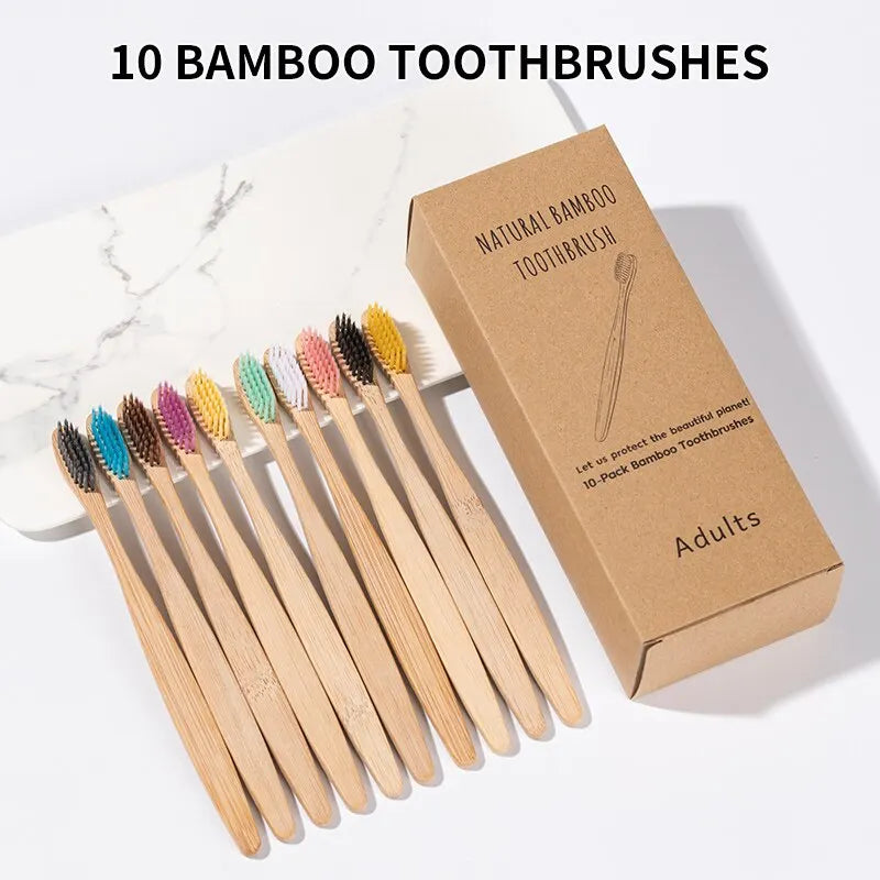 Forest 10 Count Bamboo Toothbrush, Soft Bristle for Adults, Eco Friendly Natural Wooden Toothbrushes, Vegan Organic Bamboo Travel Tooth Brush (10 Colors)