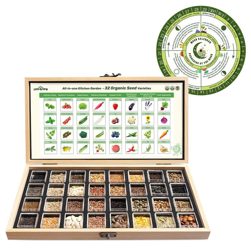 LUSH&DEW All-in-One Kitchen Garden Seed Bank - 32 Organic Garden Plant Seed Varieties with Vegetables, Herbs, Flowers, Fruits. Chef's Market