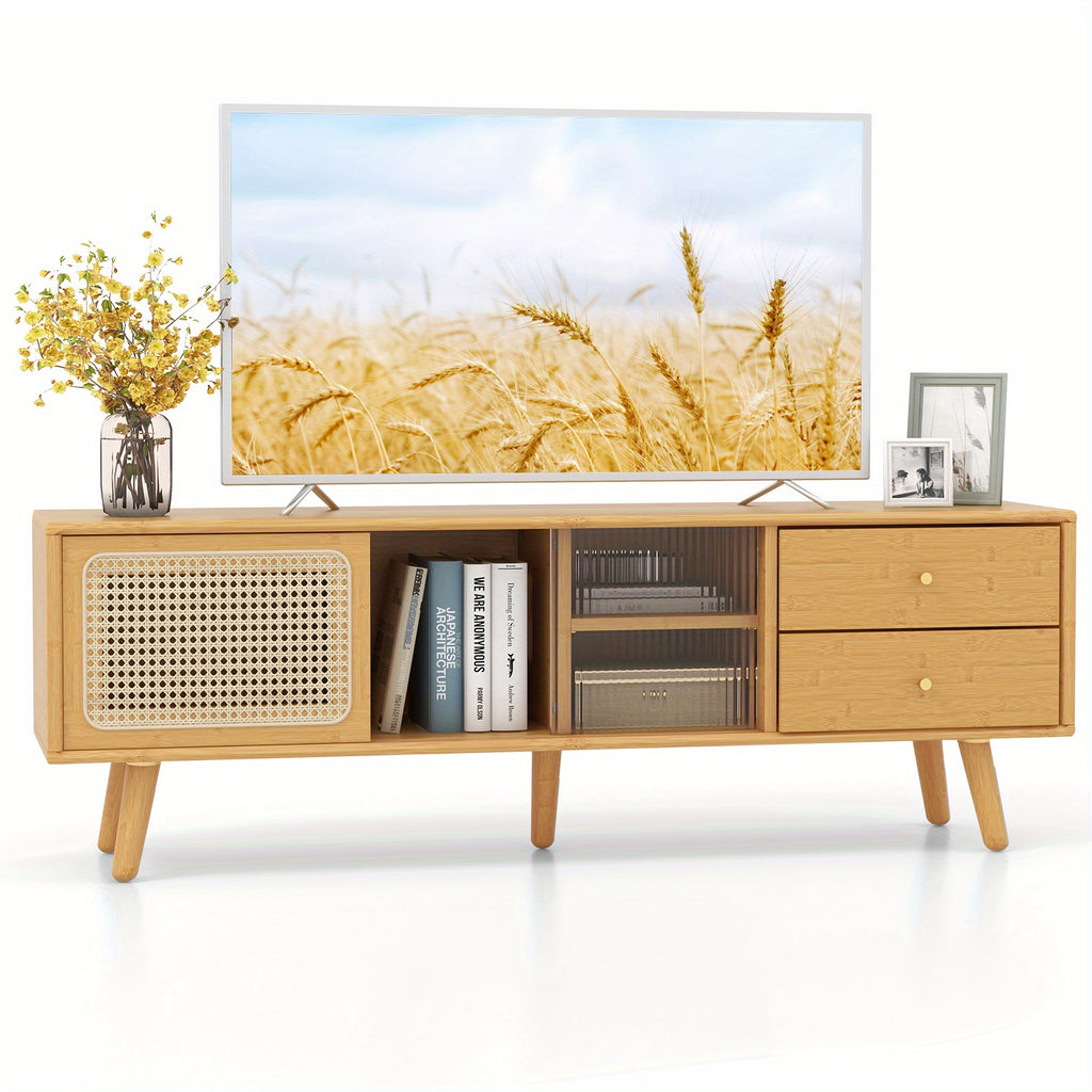 Costway Bamboo TV Stand Console Table w/ PE Rattan  Door & 2 Drawers for TV up to 65" Chef's Market