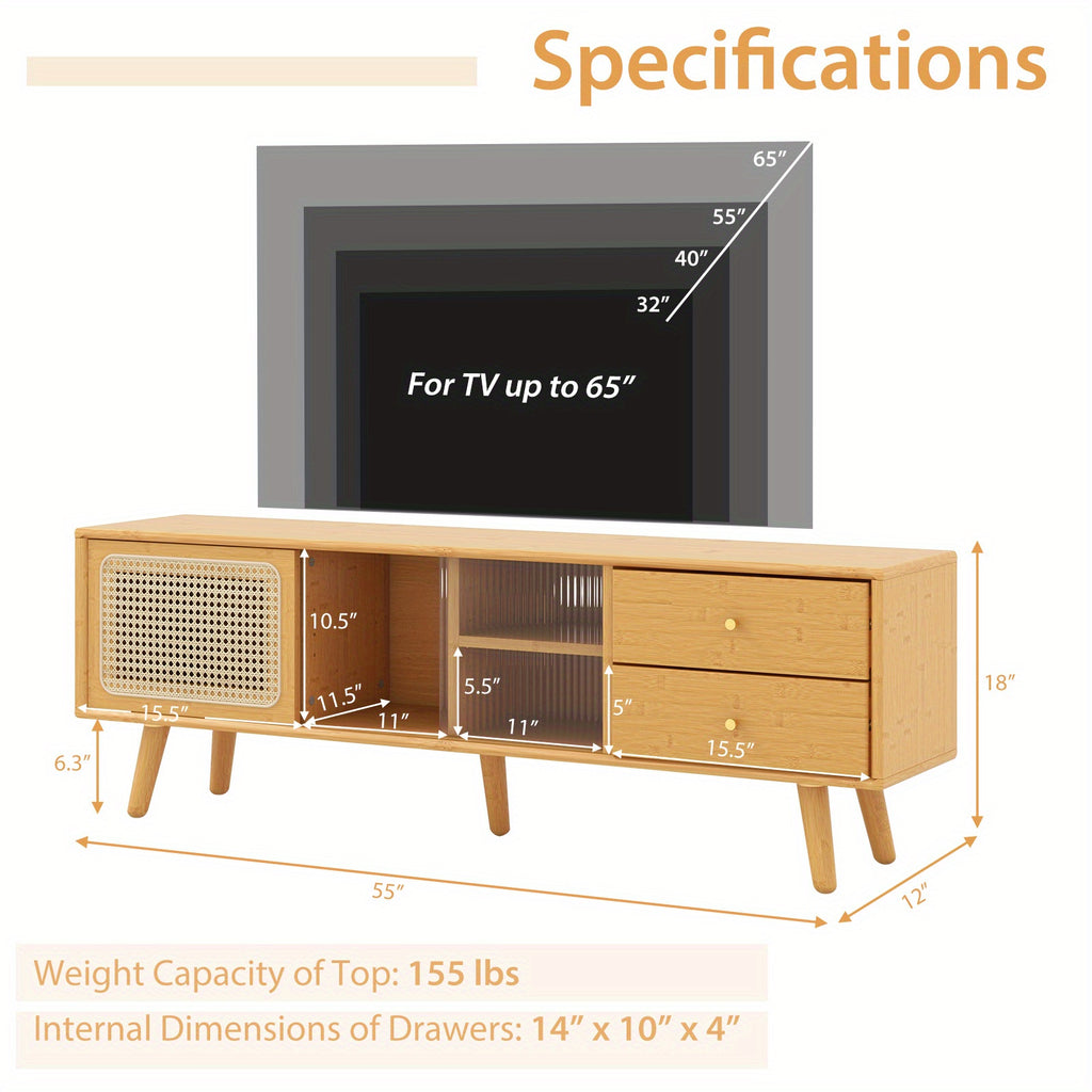 Costway Bamboo TV Stand Console Table w/ PE Rattan  Door & 2 Drawers for TV up to 65" Chef's Market
