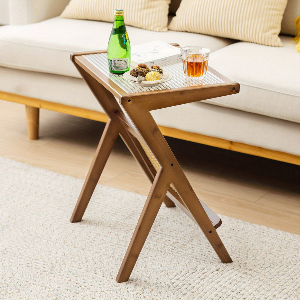 1 Piece Modern Bamboo Rattan Side Table with Tempered Glass Top and Walnut Finish - Sturdy Leg Base, Space-Saving Design, Easy Assembly - COSTWAY Brand Chef's Market