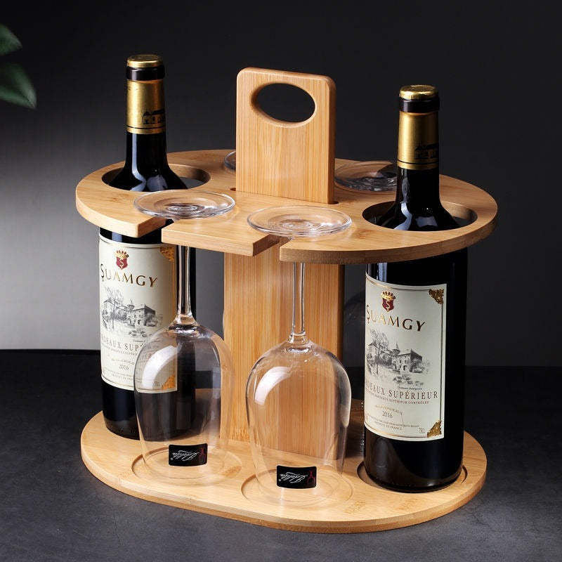 Elegant Bamboo Wine Rack with High-Footed Glass Holder - Portable Outdoor & Kitchen Decor Chef's Market