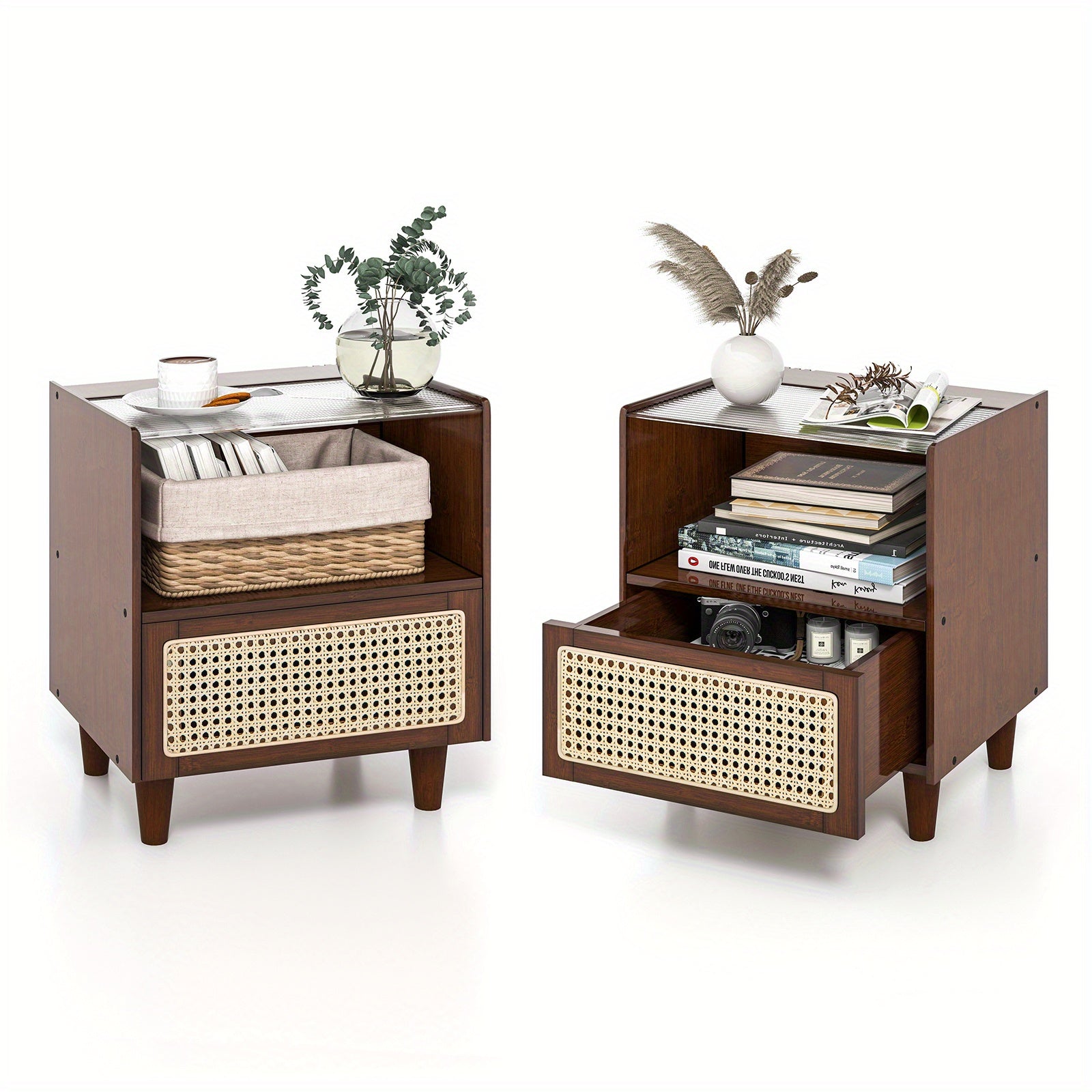 2 PCS Bohemian Chic Bamboo Rattan Nightstands - Bedside End Tables with Drawer, Wood Legs, Brown Finish, Sturdy, Space-Saving, COSTWAY Brand Chef's Market