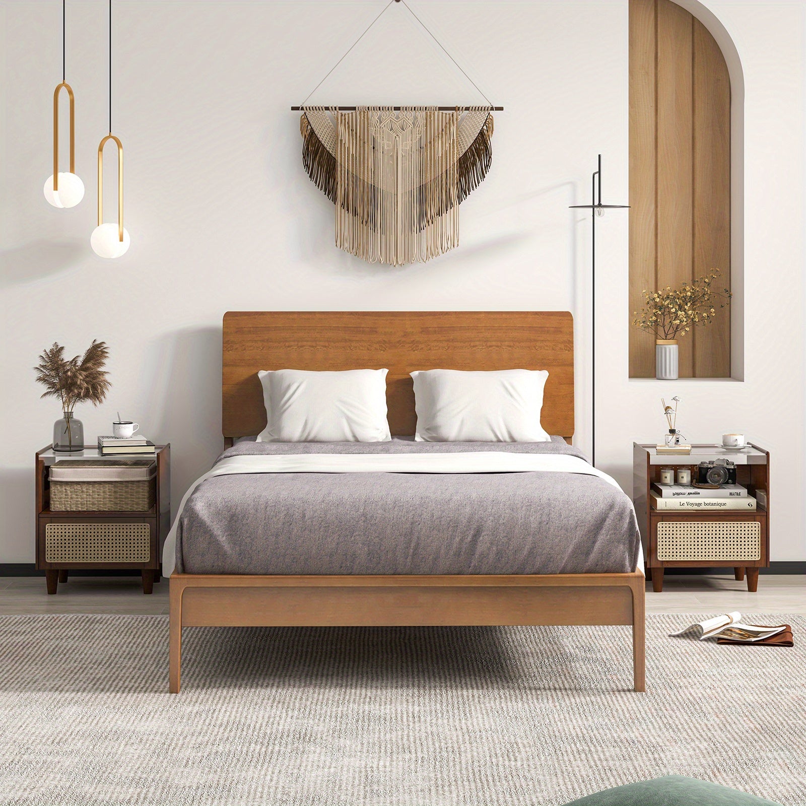 2 PCS Bohemian Chic Bamboo Rattan Nightstands - Bedside End Tables with Drawer, Wood Legs, Brown Finish, Sturdy, Space-Saving, COSTWAY Brand Chef's Market