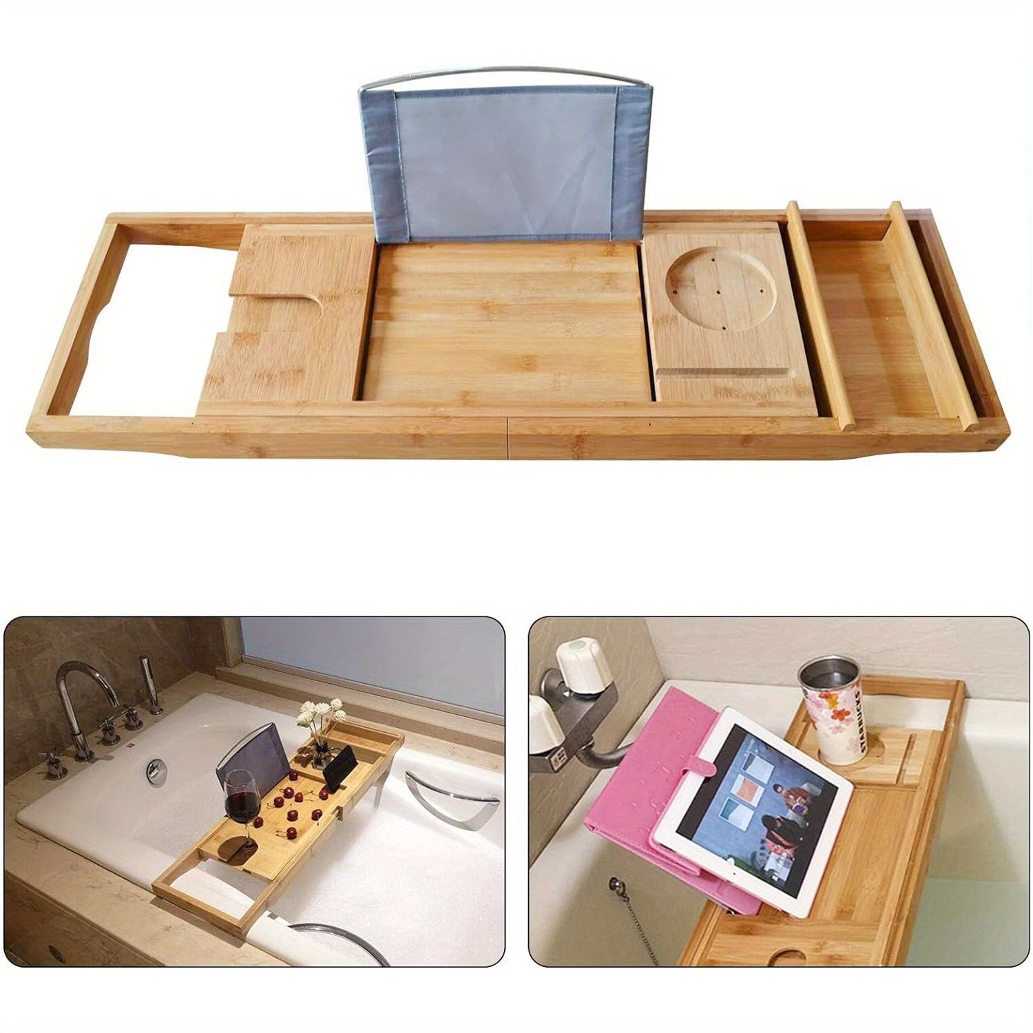 Length Adjustable Natural Wood OUKANING Bamboo Bath Tray, Table Bathroom Tub Shelf Bath Desk Movable Pad Tablet Holder Over Tub Shelf Chef's Market