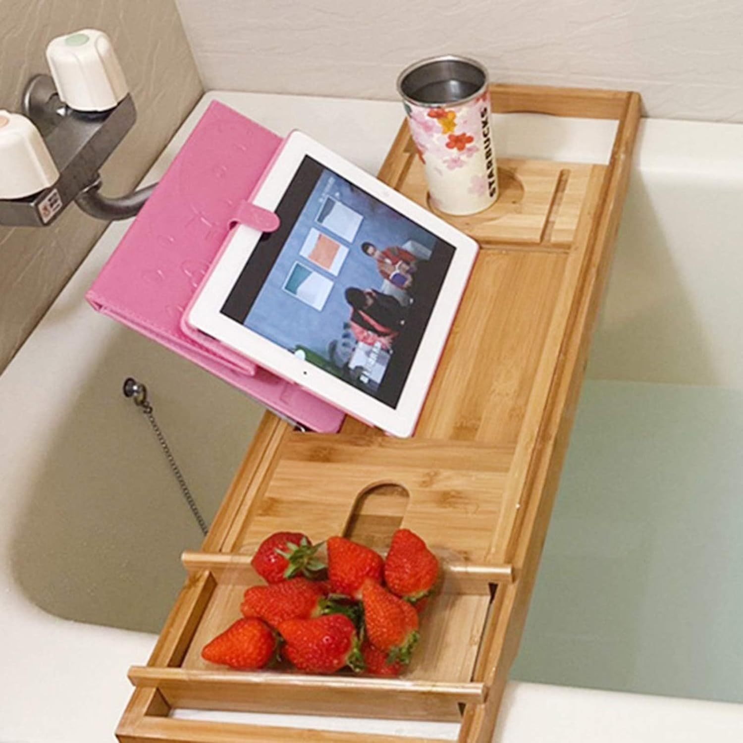 Length Adjustable Natural Wood OUKANING Bamboo Bath Tray, Table Bathroom Tub Shelf Bath Desk Movable Pad Tablet Holder Over Tub Shelf Chef's Market