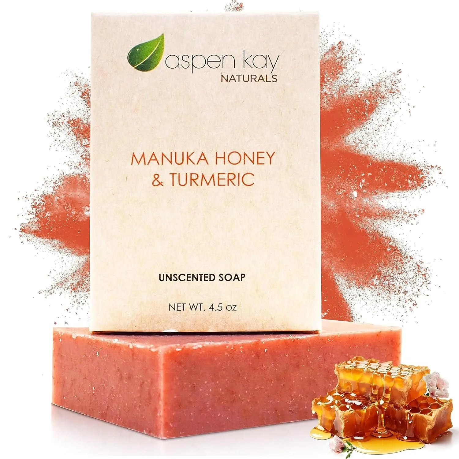 Manuka Honey & Turmeric Soap Bar for Body & Face, Natural Turmeric Face Soap with Organic Aloe Vera, Shea Butter & Calendula - Gentle for All Skin Types, Unscented 4.5 Oz Bar.