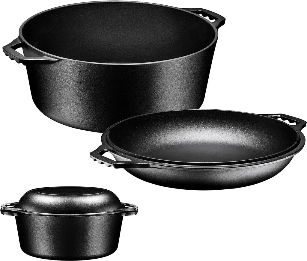 7-Quart Pre-Seasoned Cast Iron Double Dutch Oven with Skillet Lid - Versatile Heavy-Duty Casserole and Braising Pan - Oven Safe Black Cookware (14.7 x 6.9 Inches)
