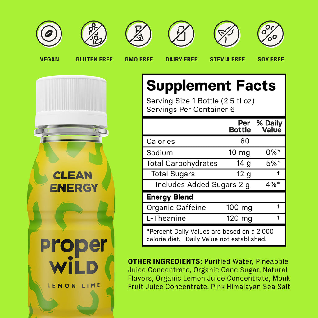 , Natural Clean Energy Shots, Caffeine & L-Theanine, Lemon Lime, 6-Pack