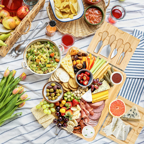1 Set Handcrafted Bamboo Cheese Board Set - Large Charcuterie Board, Meat Platter Serving Tray, Knife Set, and 2 Ceramic Bowls - Perfect Gift for Mothers Day, Easter, Thanksgiving, Christmas, Housewarming, Wedding Anniversary Chef's Market