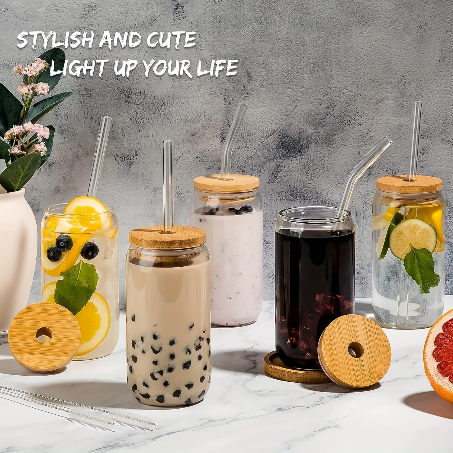 500ml/16 oz Clear Glass cup with Bamboo Lid and Straw - Great for Juice, Beer, Milk, Cute Breakfast Cups Chef's Market