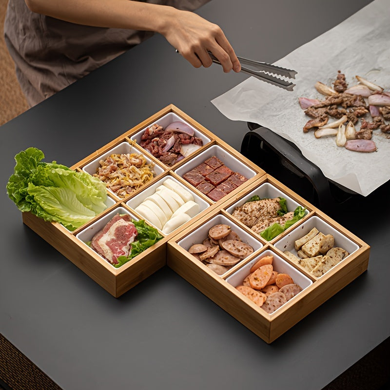 1pc Bamboo Divided Tray With Dish, Hotel Hot Pot Restaurant Cutlery, Divided Grill Tray For Sauces Around The Stove, Boiled Tea Dried Fruit Plate, For Home Restaurant Hot Pot Shop, Table Decors, Serveware Accessories Chef's Market