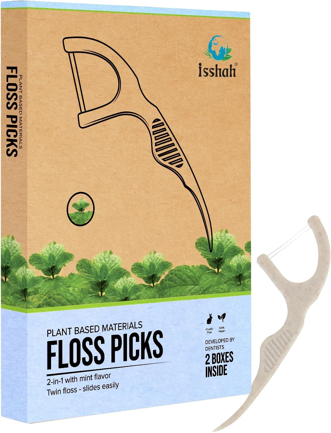 Natural Dental Floss Picks (100 Count) - Vegan, Eco Friendly, Sustainable Dental Flossers - Twin Floss (Mint)