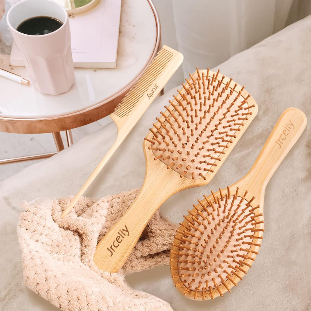 3PCS Bamboo Hair Brush Set,Natural Wooden Brush for Women, Madam, Paddle Detangl