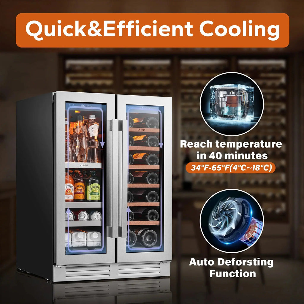 24 Inch Wine Cooler Beverage Refrigerator, Hold 60 Cans and 21 Bottles Dual Zone Wine Fridge with Stainless Steel French Door