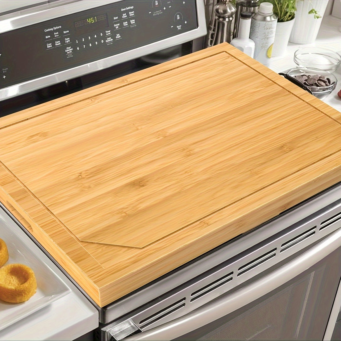 1pc Bamboo Stove Top Cover - Large Cutting Surface with Convenient Handles, Versatile Noodle Board, and Built-in Juice Grooves - Perfect for Electric Stoves, RV Cookware, Kitchen Gadget for Restaurants, Food Trucks, and Home Chef's Market