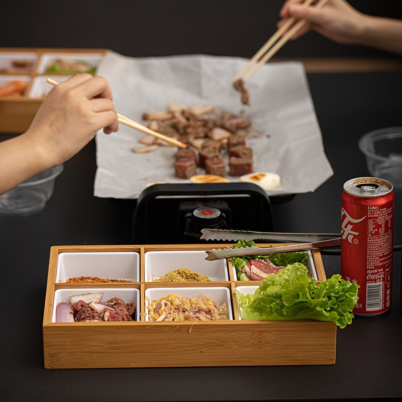 1pc Bamboo Divided Tray With Dish, Hotel Hot Pot Restaurant Cutlery, Divided Grill Tray For Sauces Around The Stove, Boiled Tea Dried Fruit Plate, For Home Restaurant Hot Pot Shop, Table Decors, Serveware Accessories Chef's Market