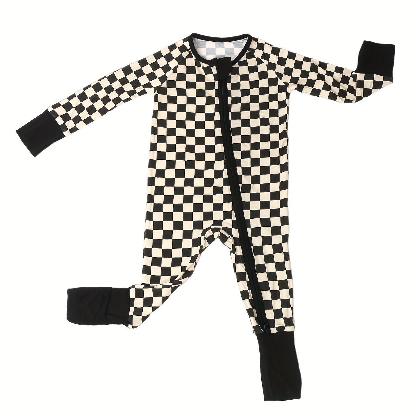 Bamboo Fiber Baby Long Sleeve Checkerboard Plaid Onesie - Black and White Zip Up Jumpsuit Chef's Market