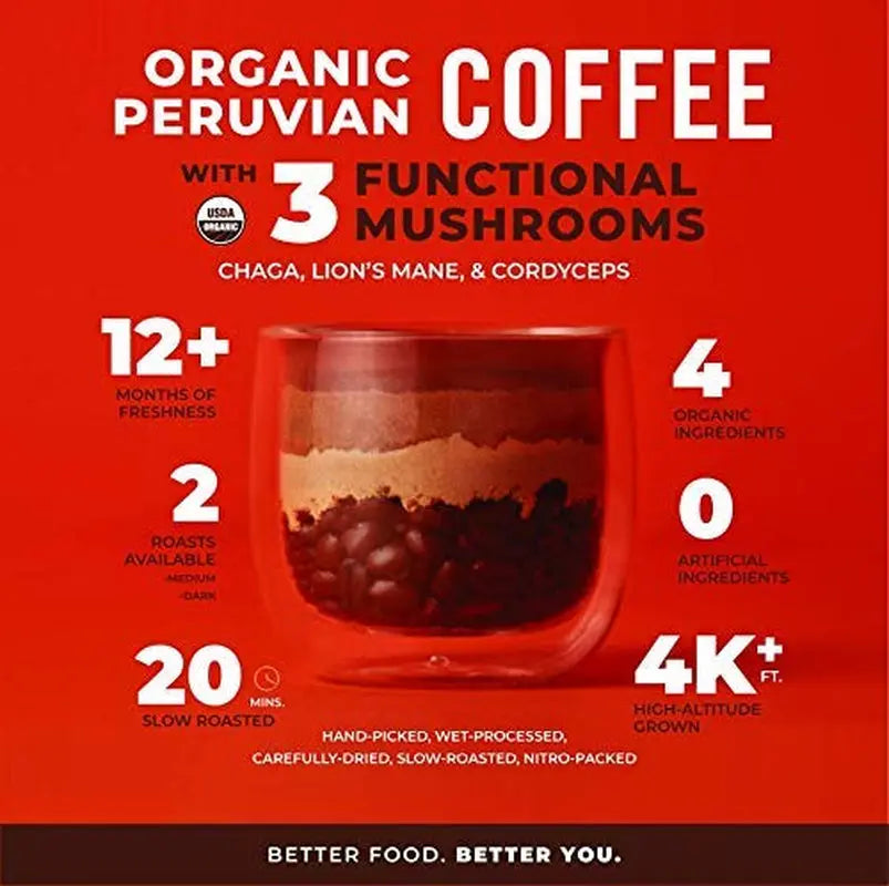 Peruvian Medium Roast Coffee with Functional Mushrooms, Certified Organic Peruvian Ground Coffee Beans, Gluten-Free, Dairy-Free, Non-Gmo, Paleo, Keto Friendly, 12 Oz. Bag