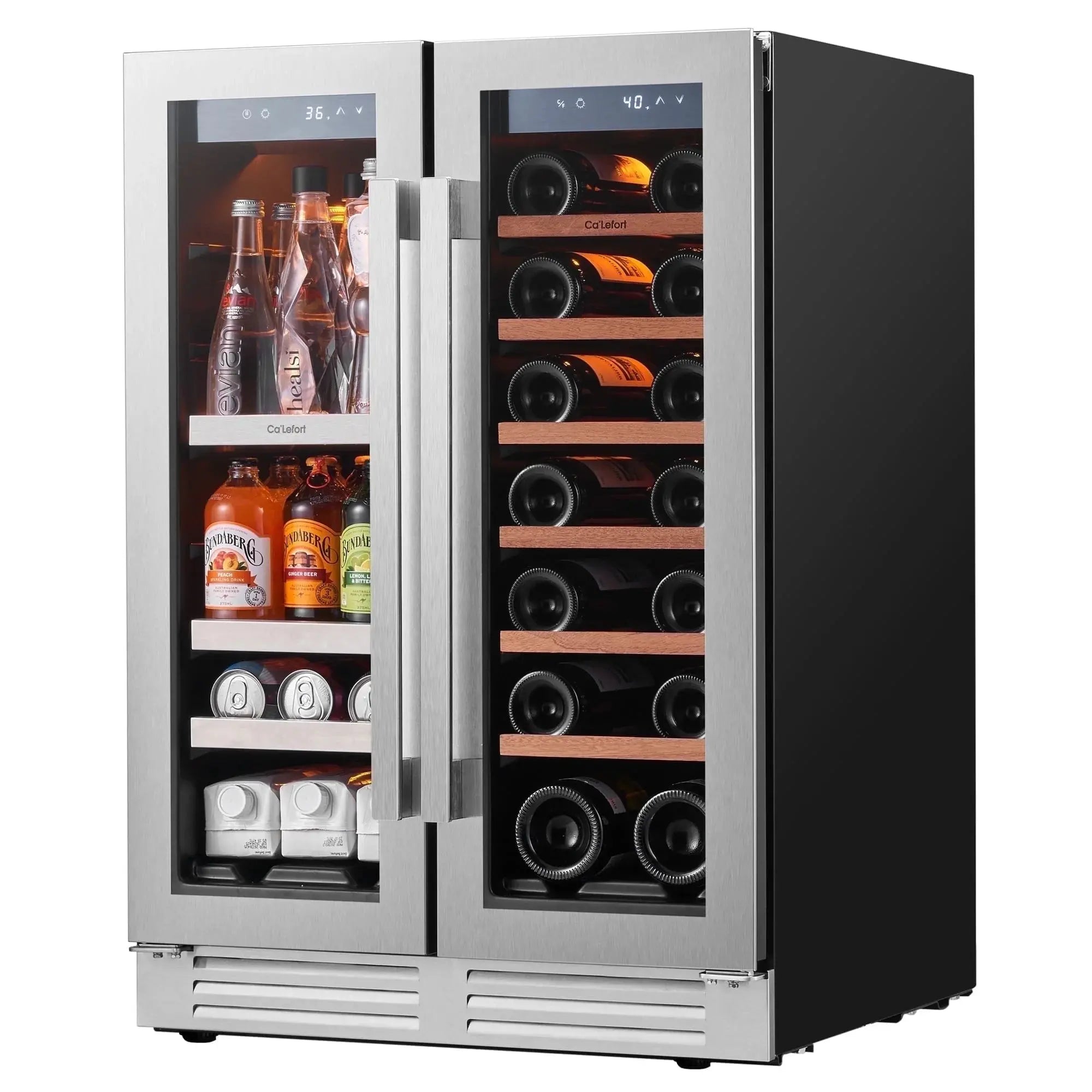 24 Inch Wine Cooler Beverage Refrigerator, Hold 60 Cans and 21 Bottles Dual Zone Wine Fridge with Stainless Steel French Door
