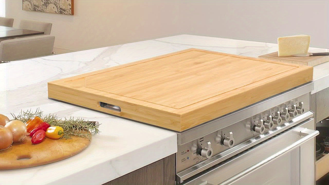 1pc Bamboo Stove Top Cover - Large Cutting Surface with Convenient Handles, Versatile Noodle Board, and Built-in Juice Grooves - Perfect for Electric Stoves, RV Cookware, Kitchen Gadget for Restaurants, Food Trucks, and Home Chef's Market