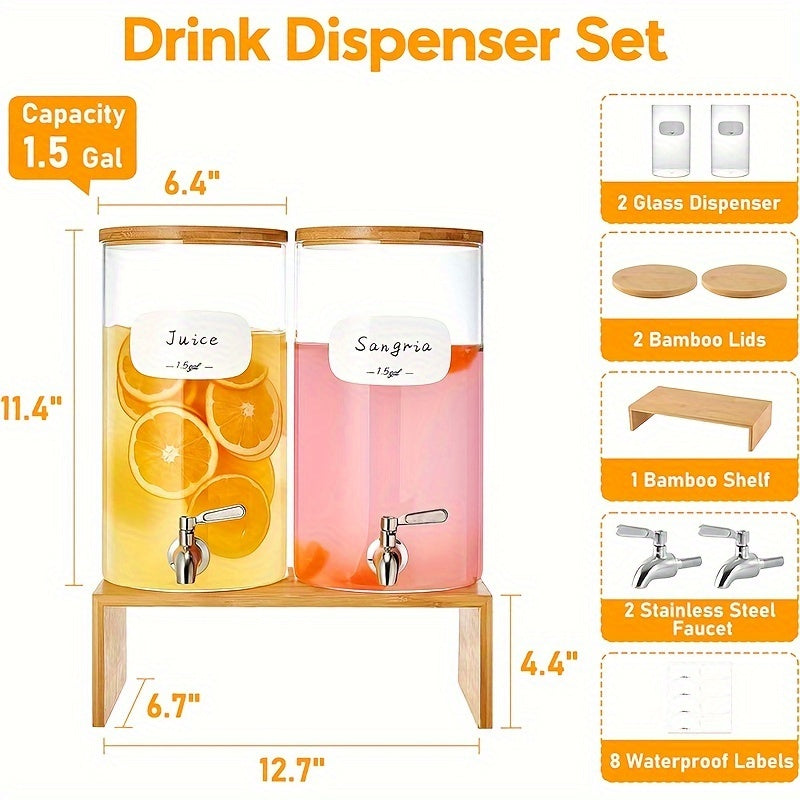 1.5 Gallon Large Capacity Drink Dispenser - Iced Beverage Dispensers with Stand, Stainless Steel Spigot, 8 Waterproof Labels, Bamboo Lid, Borosilicate Glass - Perfect for Parties, Outdoor Events, Lemonade, Juice, and Iced Tea Chef's Market