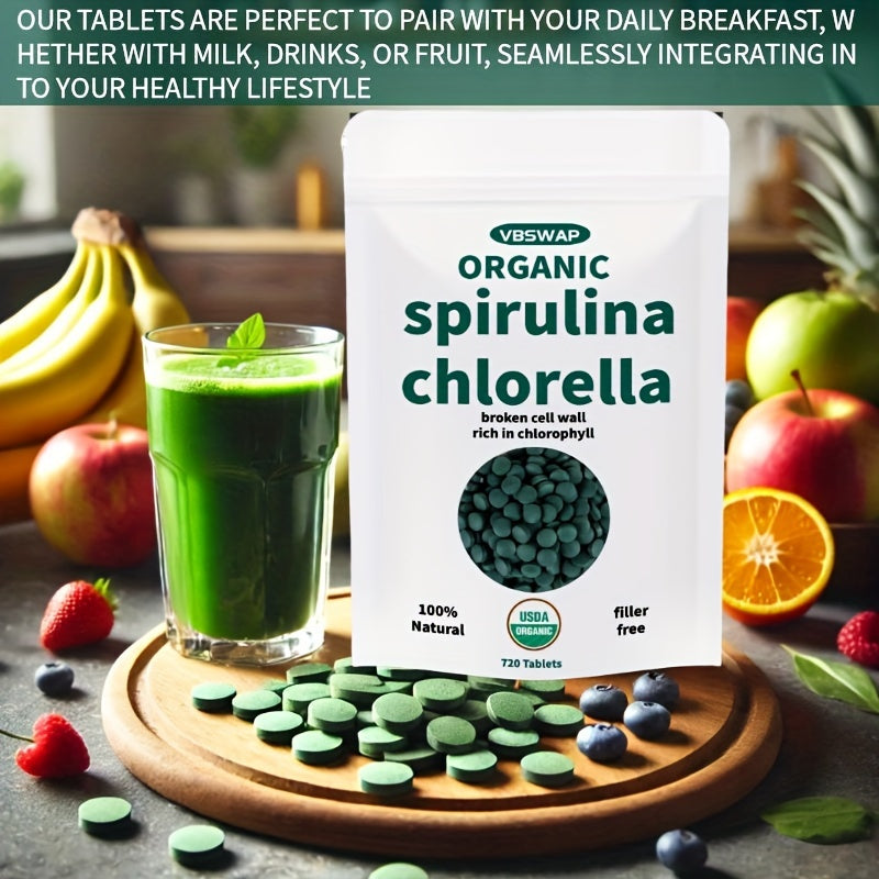 Organic Chlorella Spirulina Tablets, 720 Counts, 4 Months Supply, 50/50 Blend Superfood, No Filler, No Additives, Cracked Cell Wall, Rich In Vegan Protein, And Easy To Swallow.nutritional Supplement For Chef's Market
