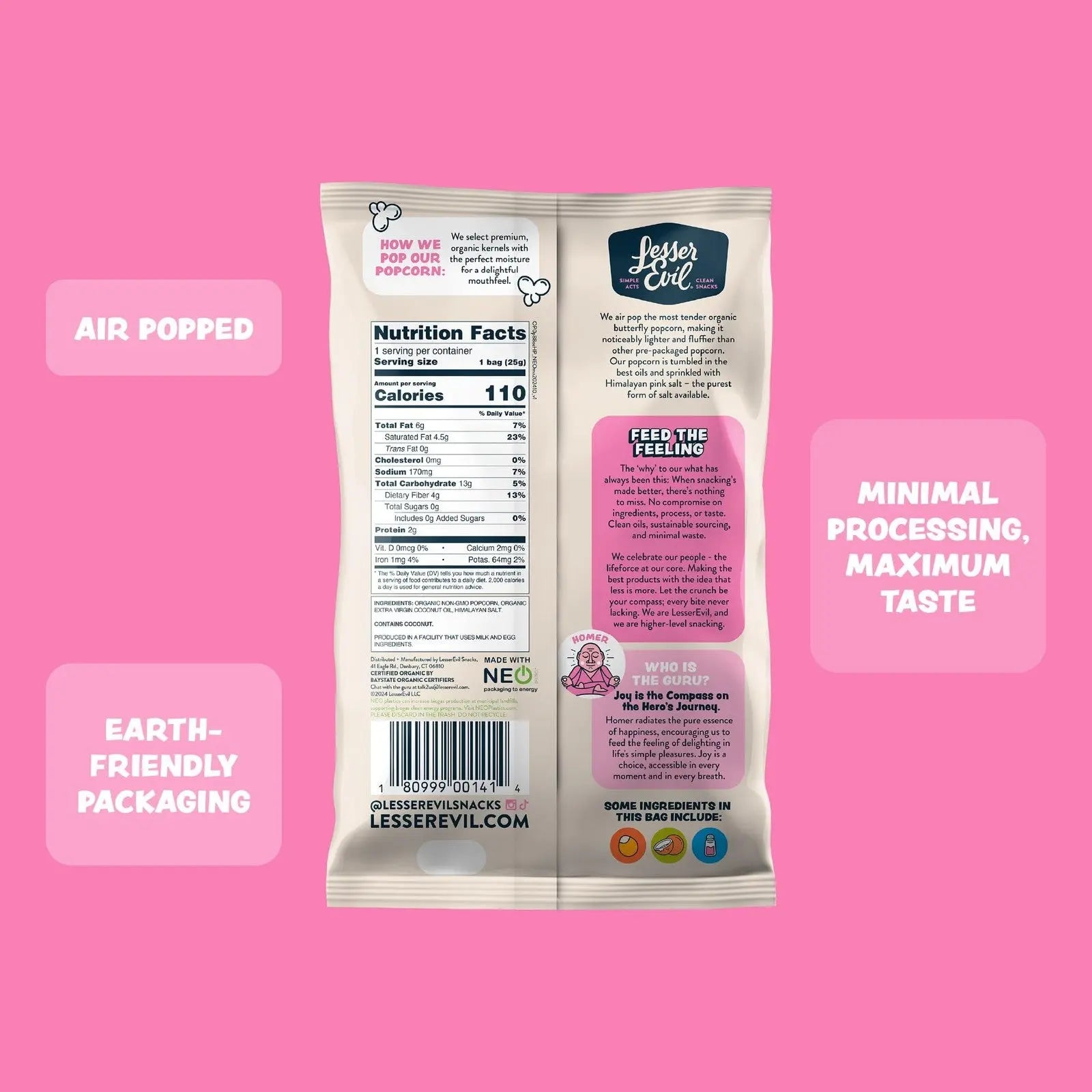 Himalayan Pink Salt Organic Popcorn 12 Pack 0.88 Ounce Bags Healthy Snack