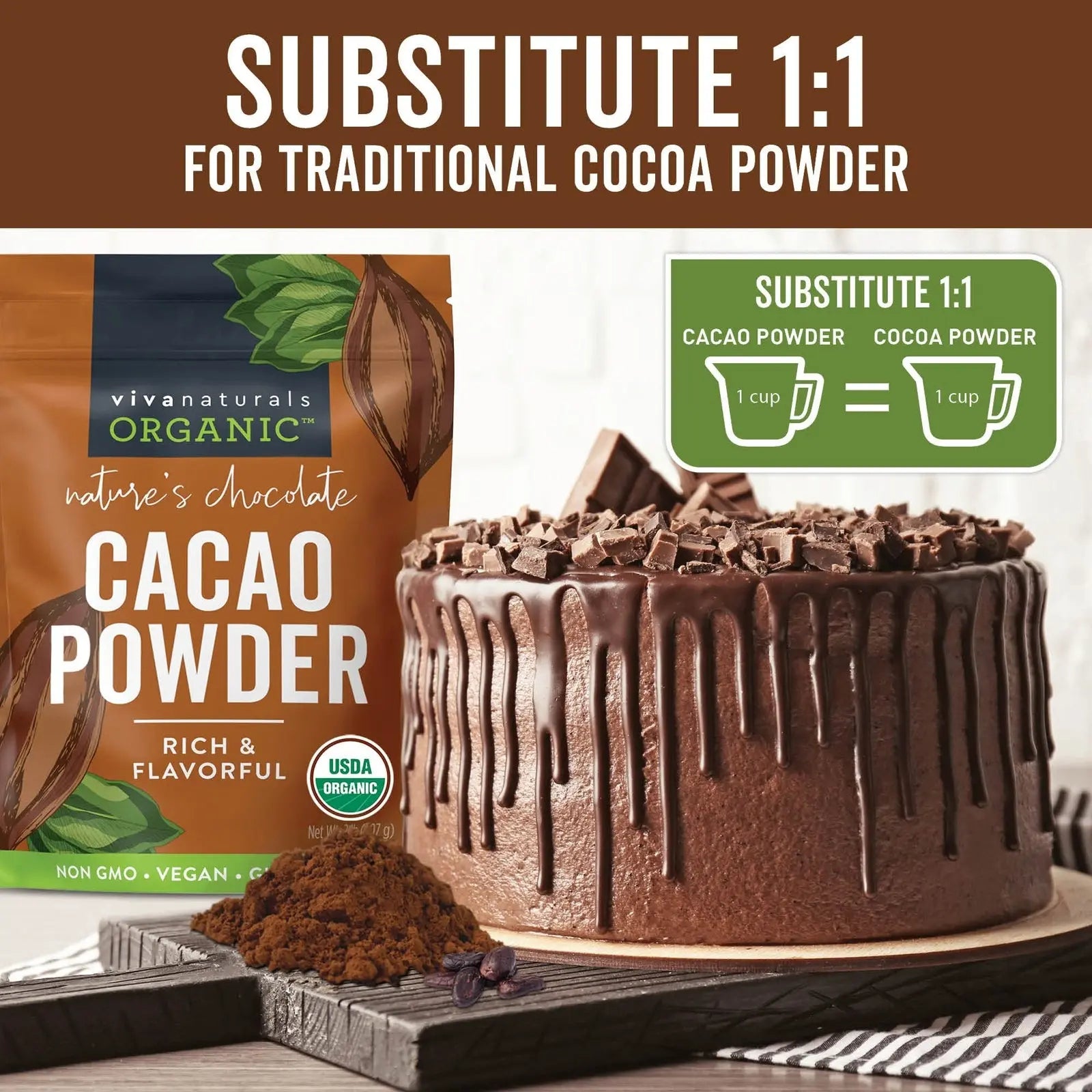 Organic Cacao Powder, 2Lb - Unsweetened Cocoa Powder with Rich Dark Chocolate...