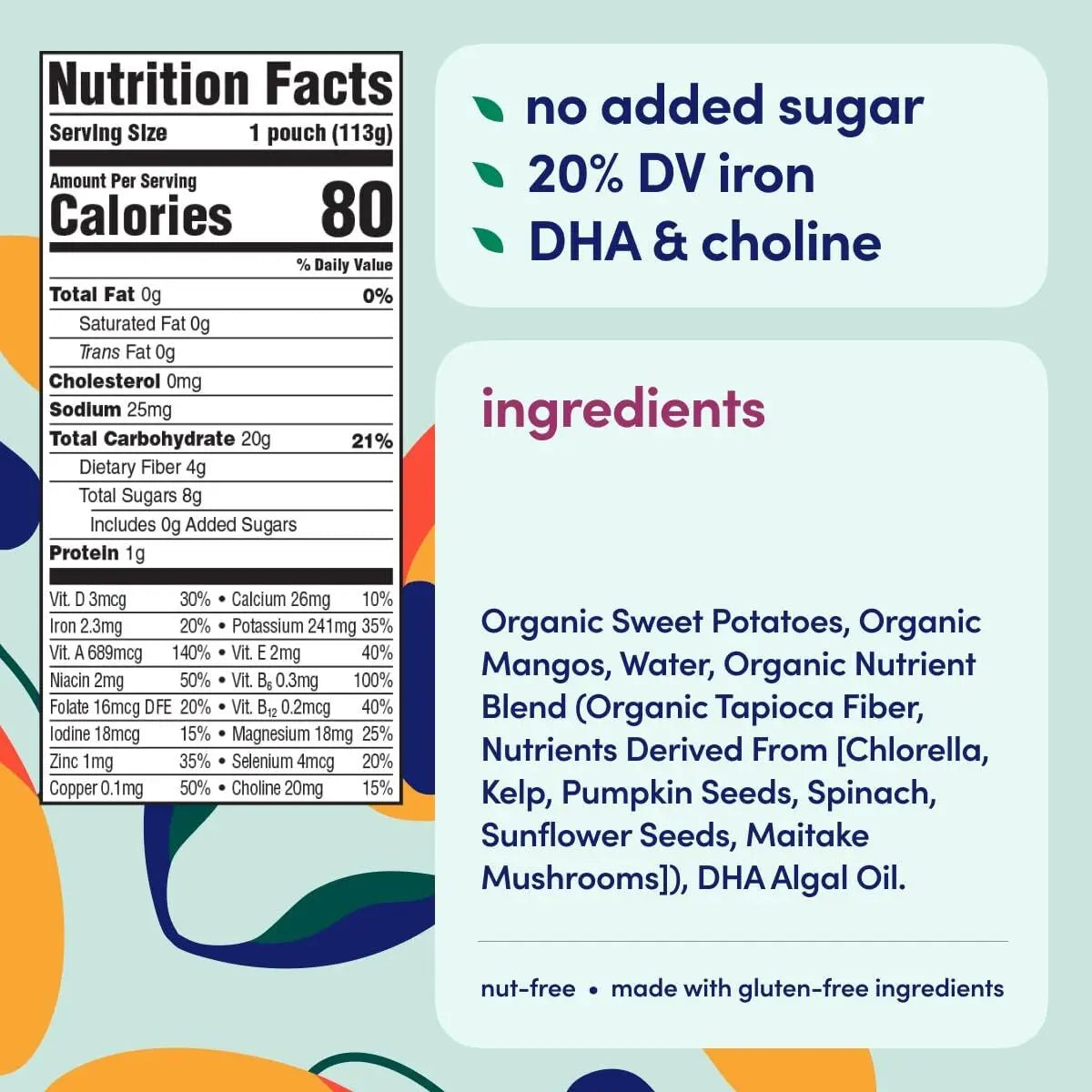 Organic Baby Food Pouches Sweet Potato Mango Pack of 6 Brain Supporting Snacks