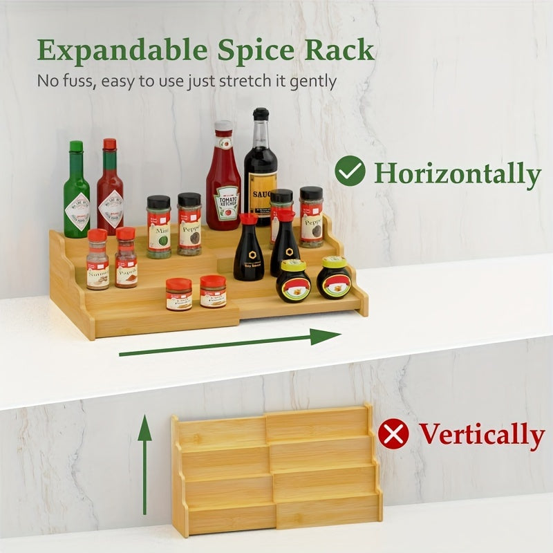 1PC Bamboo Trapezoidal Spice Rack - Kitchen Cabinet Storage Rack with Three-Layer Expandable Display, Seasoning Organizer, and Space-Saving Design for Efficient Storage Chef's Market