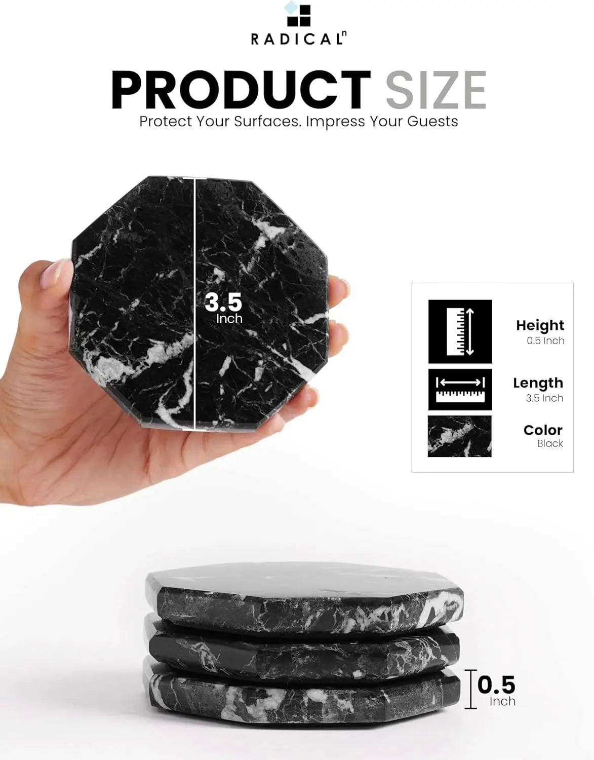 Black Star Marble Coasters for Drinks 3.5 Inches Handmade Stone Coaster Set of 6 Non-Slip Drink Coasters for Tabletop and Coffee Bar Accessories