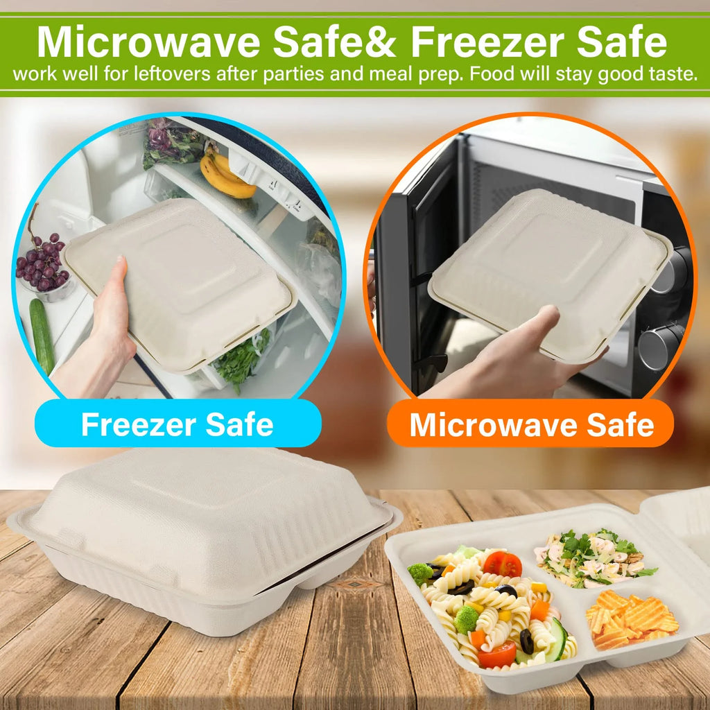 50Pack Compostable Take Out Container 10X10, Disposable to Go Food Boxes with 3 Compartments, Biodegradable Clamshell Container