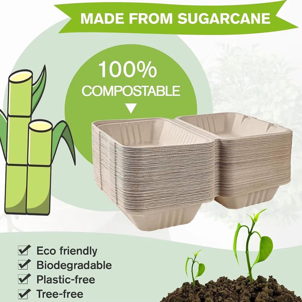 Clamshell Take Out Food Containers Compostable to Go Containers Disposable, 9X6 Inch Heavy-Duty to Go Boxes, Eco-Friendly