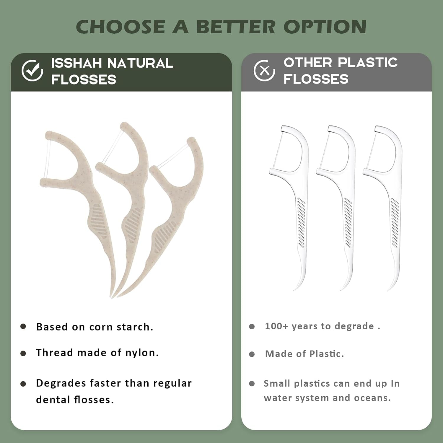 Natural Dental Floss Picks (100 Count) - Vegan, Eco Friendly, Sustainable Dental Flossers - Twin Floss (Mint)