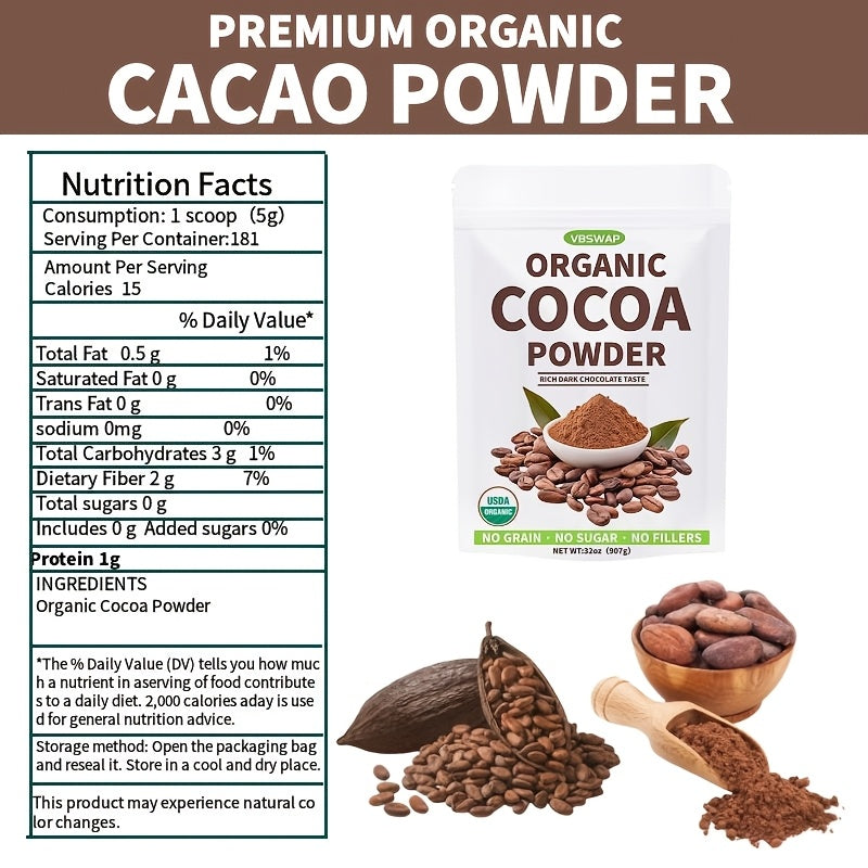 VBSWAP Organic Cacao Powder, 2lb - Unsweetened Cocoa Powder with Rich Dark Chocolate Flavor, Perfect for Baking, Coffee, Instant Drinks &Smoothies-Intensely Rich Flavor Cacao Powder-Cheap Items Chef's Market