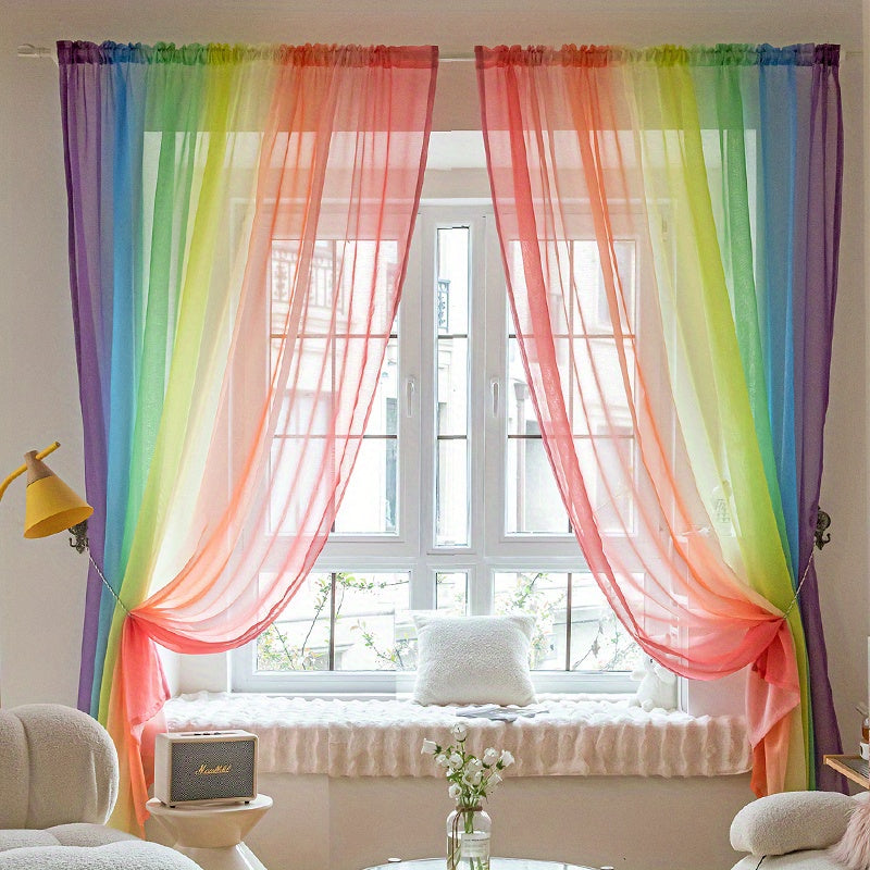 1pc Rainbow Colored Yarn Curtain, Colorful Window Treatment For Bedroom Office Kitchen Living Room Study Home Decor Chef's Market