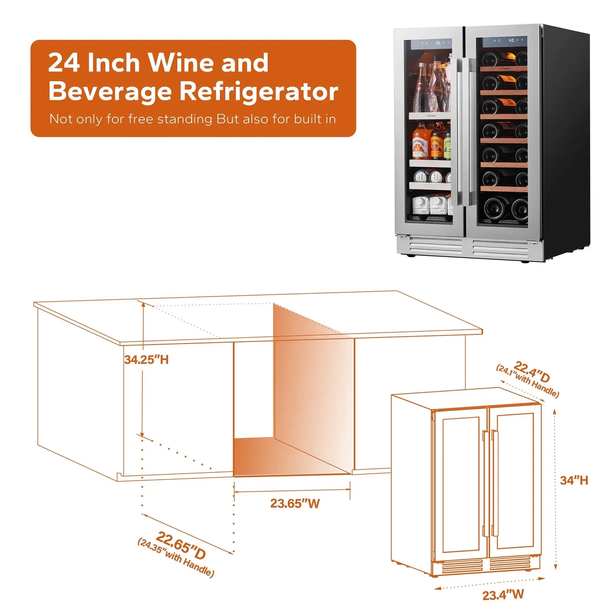 24 Inch Wine Cooler Beverage Refrigerator, Hold 60 Cans and 21 Bottles Dual Zone Wine Fridge with Stainless Steel French Door