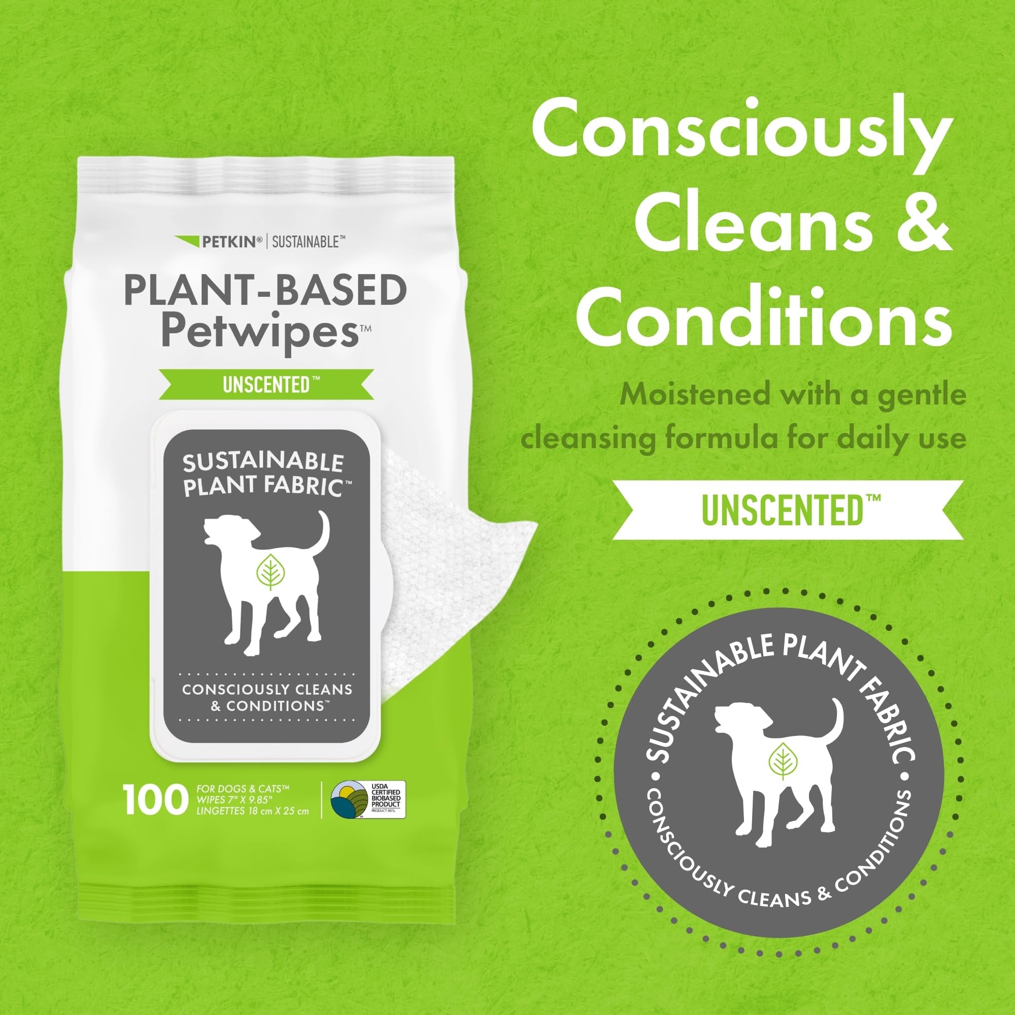 Plant-Based Petwipes, 100 Wipes - Biobased, Sustainable, Big & Thick Pet Wipes for Dogs & Cats - for Face, Paws, Ears, Bo