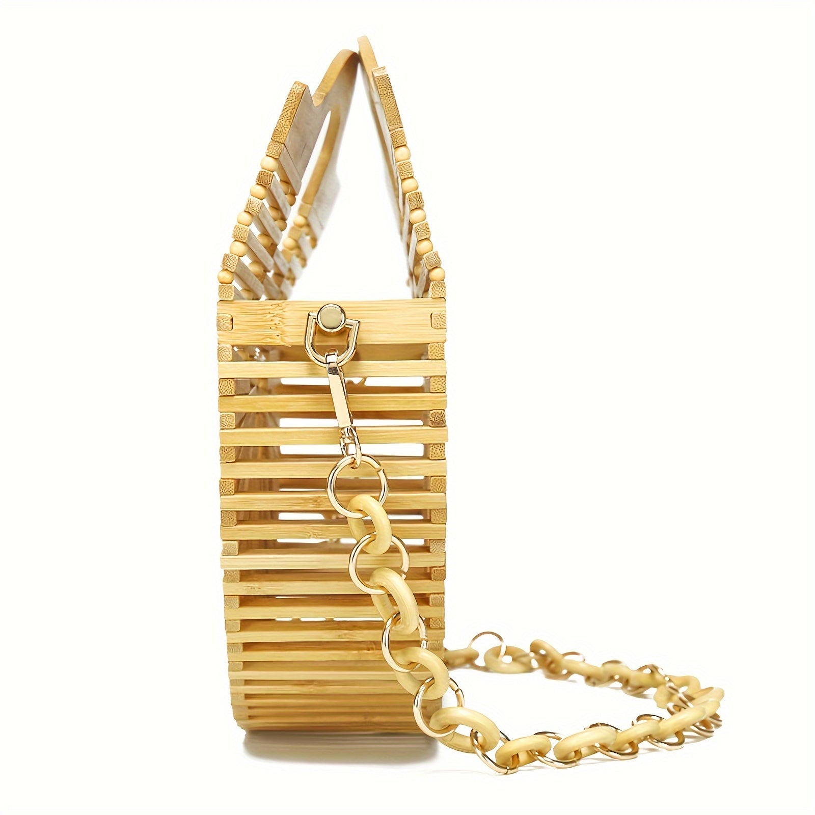 Women's Retro Style Bamboo Woven Handbag With Chain Strap, Hollow Out Beach Tote, Versatile Shoulder & Crossbody Bag, Vintage Bamboo Handle Purse Chef's Market