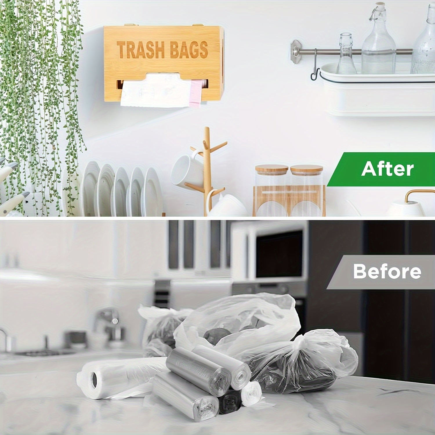 Trash Bag Dispenser, Bamboo Garbage Bag Holder, Plastic Bag Holder with Handles, Grocery Bag Holder Wall Mounted or on Countertop, Compatible with Big and Small Trash Bag Rolls Chef's Market