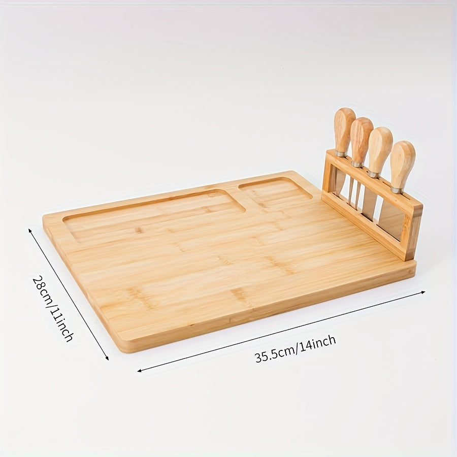 1 Set Bamboo Cheese Board Set, Cheese Tray, Charcuterie Board and Serving Meat Platter with 4 Stainless Steel Cheese Knives, Ideal for Wedding Gifts Christmas Birthday Party Chef's Market