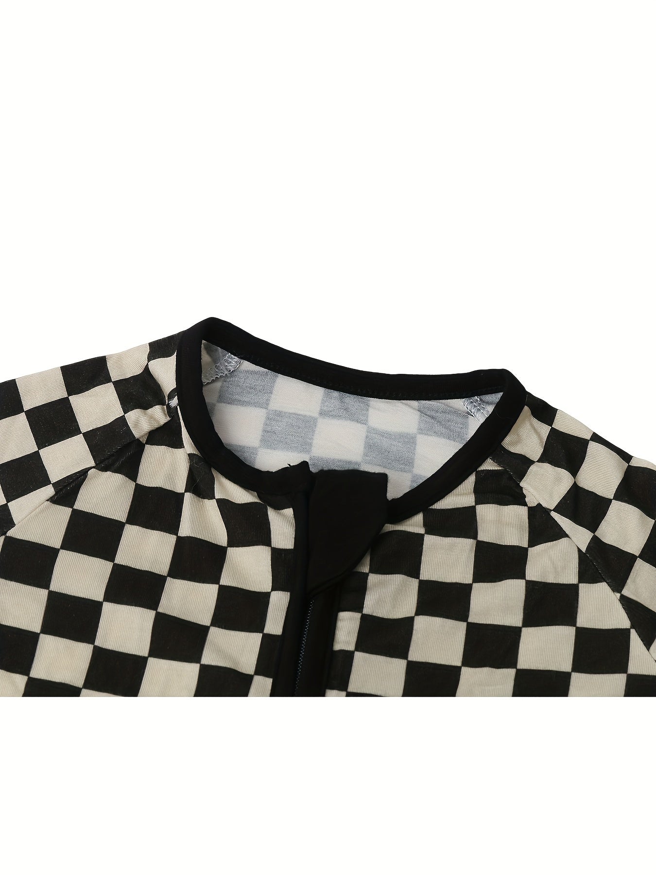 Bamboo Fiber Baby Long Sleeve Checkerboard Plaid Onesie - Black and White Zip Up Jumpsuit Chef's Market
