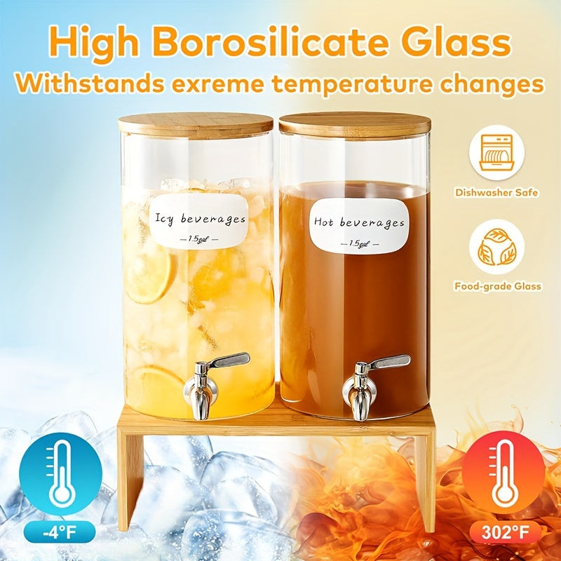1.5 Gallon Large Capacity Drink Dispenser - Iced Beverage Dispensers with Stand, Stainless Steel Spigot, 8 Waterproof Labels, Bamboo Lid, Borosilicate Glass - Perfect for Parties, Outdoor Events, Lemonade, Juice, and Iced Tea Chef's Market