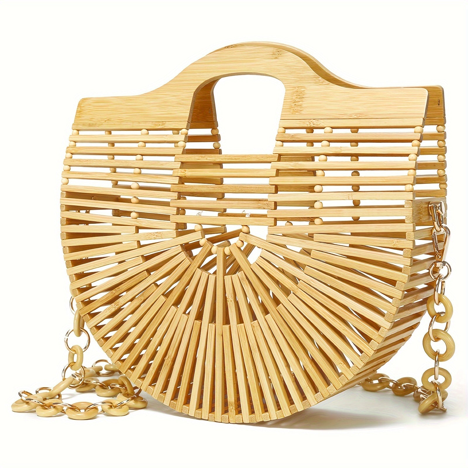 Women's Retro Style Bamboo Woven Handbag With Chain Strap, Hollow Out Beach Tote, Versatile Shoulder & Crossbody Bag, Vintage Bamboo Handle Purse Chef's Market
