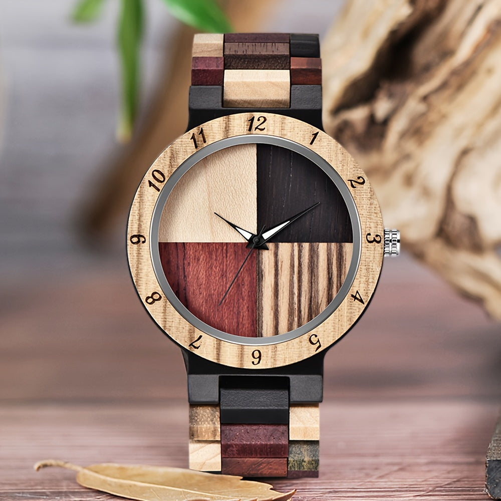 Unique Handcrafted Wooden Watch - Round Analog Quartz Timepiece with Colorful Bamboo Wood Dial and Wooden Strap for Casual Men - Non-Waterproof, Electronic Movement, Pointer Display Chef's Market